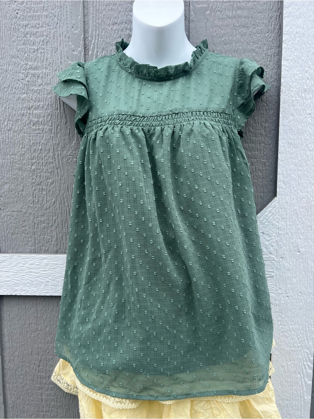 Womens Sage Swiss Dot Ruffle Sleeve Blouse